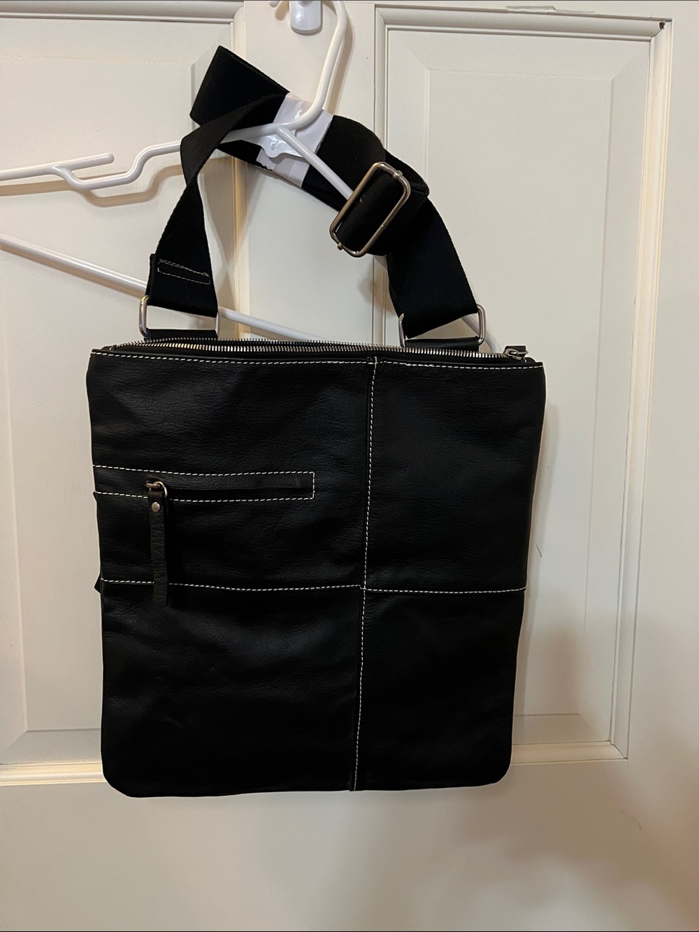 Black Leather Crossbody Tote Bag with Contrast Stitching